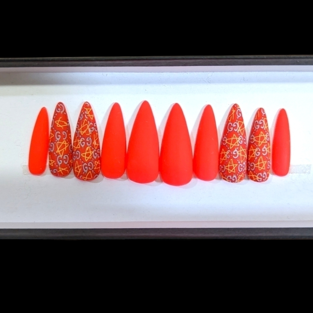New Custom Gucci Stiletto Press On Nails Neon Matte Stiletto Handpainted Nails